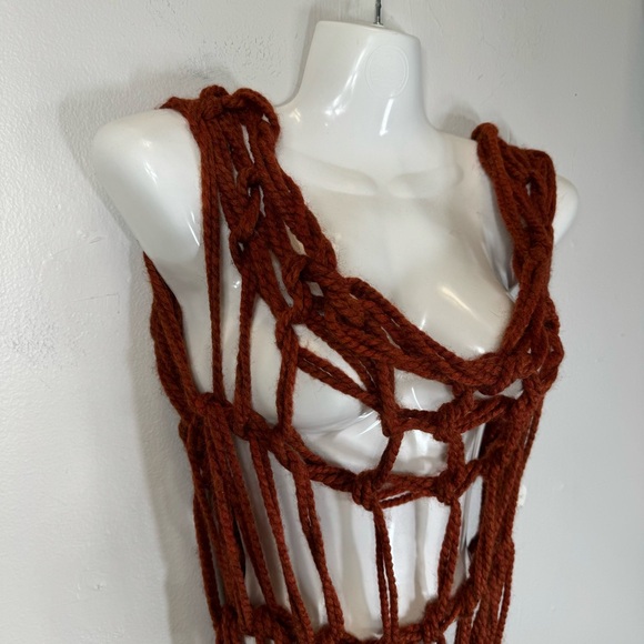 custom hand knit knotted rust red net dress sleeveless scoop neck high low artsy - Picture 4 of 15